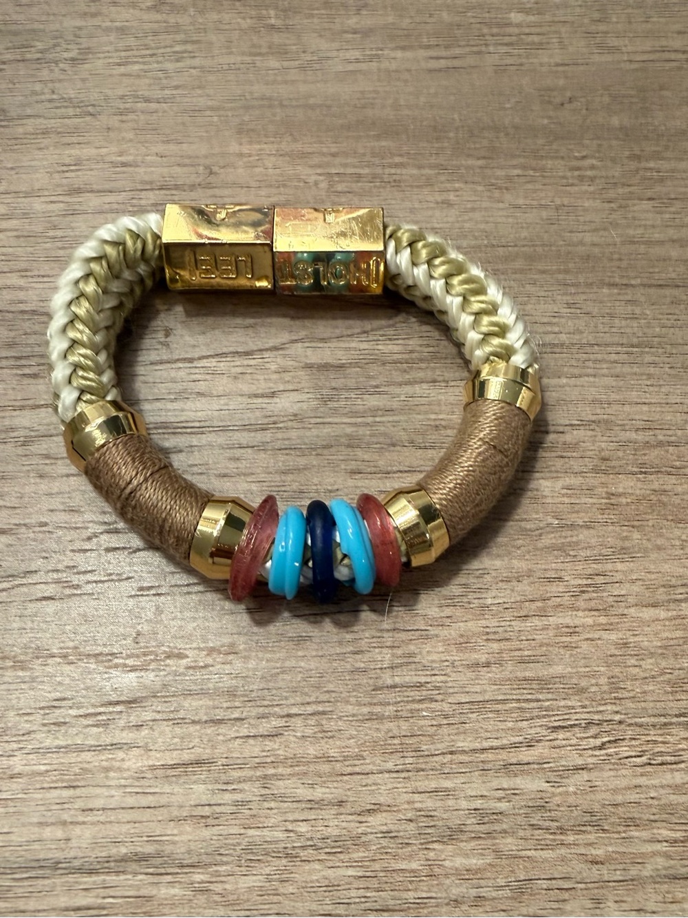 Braided Cream and Tan Bead Accent Bracelet with Gold-Tone Hardware